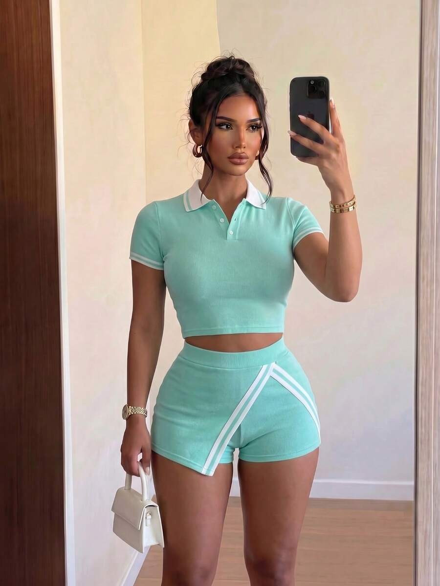 Sirith Women's Summer Casual Sexy Active Sports Contrast Trim Fitted Cropped Polo Shirt And Skort... | SHEIN