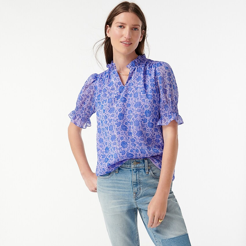 Puff-sleeve crinkle chiffon top in rose vines | J. Crew US