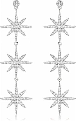 Blingsoul 3 Star Snowflake Earring - Silver Star Hexagonal Snowflakes Dangling Gold Bride Earring... | Amazon (US)