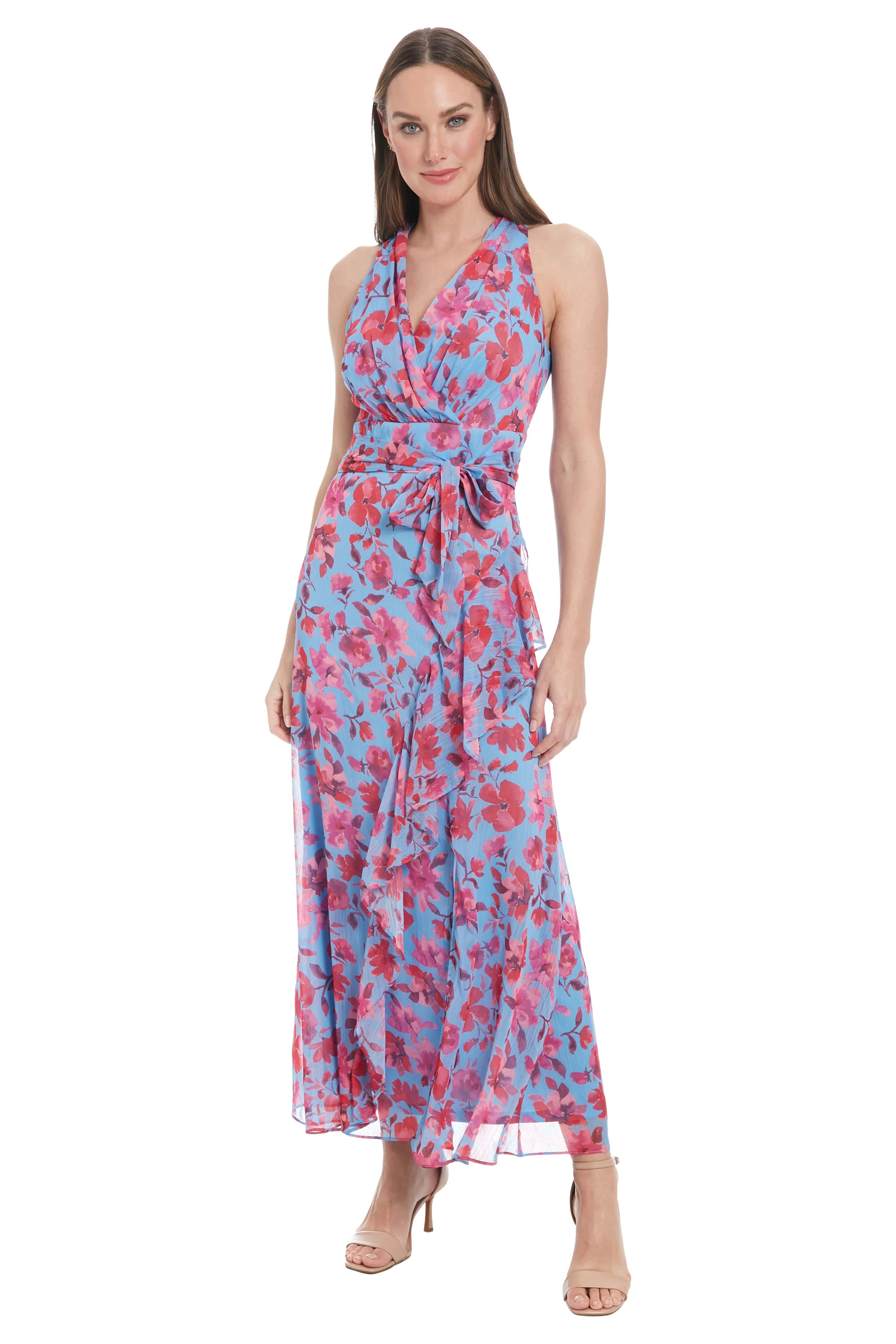 Amberlyn Halter Maxi in Floating Buds A-Line Sleeveless | London Times | Maggy London