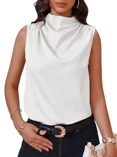 Cicy Bell Womens Mock Neck Satin Tank Tops Business Casual Work Ruched Blouses Summer Corporate Outfits White | Amazon (US)