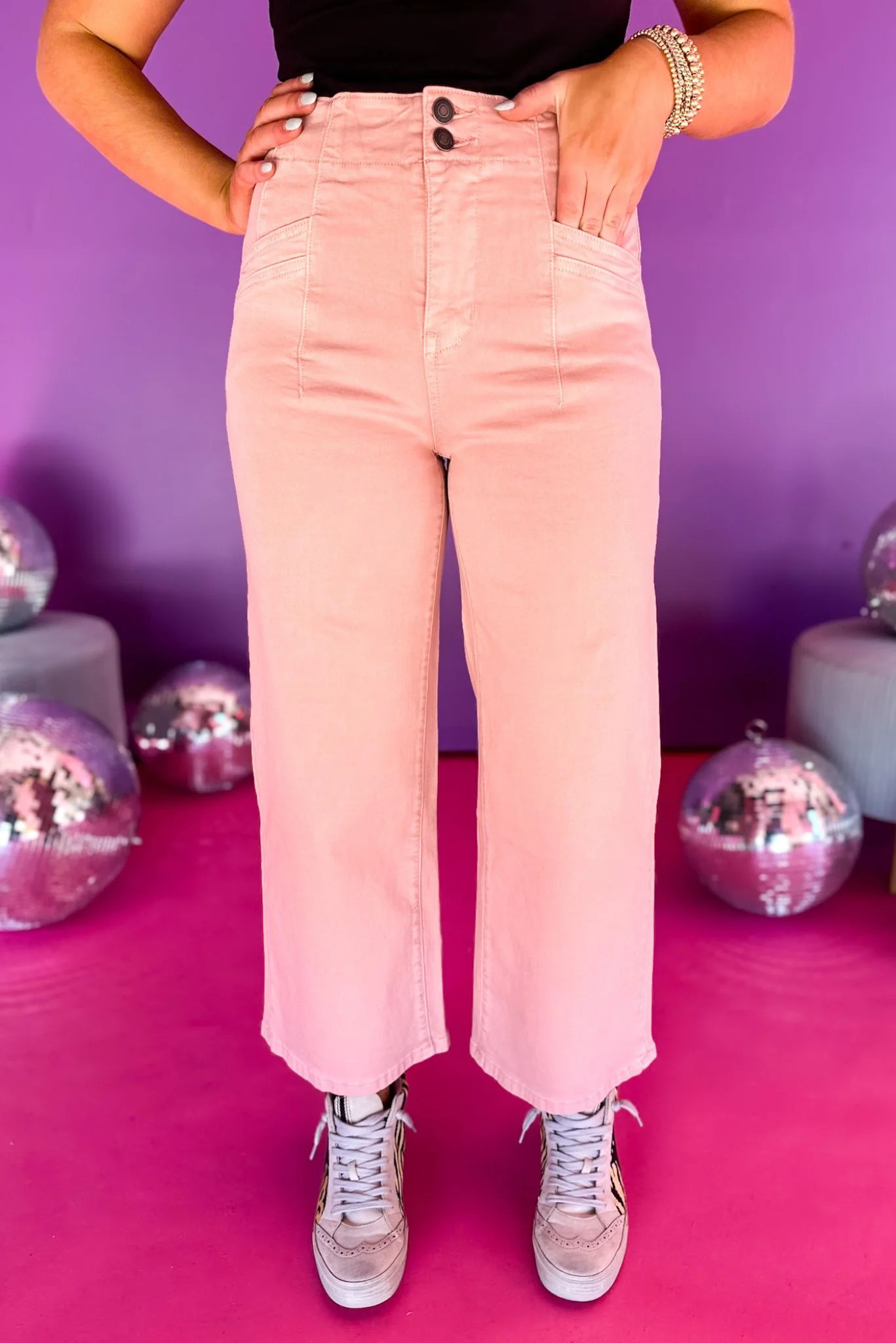 Mica Pink Washed Super High-Rise Double Button Wide Leg Cropped Jeans | Shop Style Your Senses