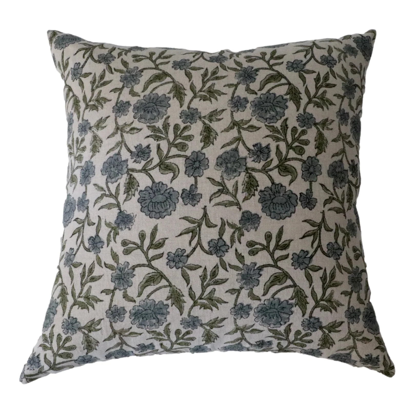 Blue and Green Hattie Floral Pattern Printed on a Natural Linen Pillow Cover | Danielle Oakey Interiors INC