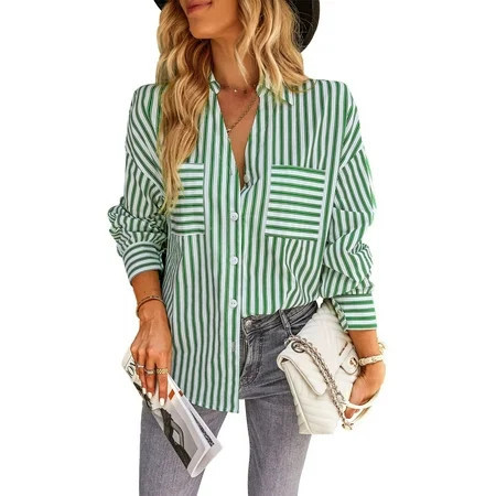 Green Long Sleeve Striped Shirt for Everyday Style Size M V-Neck Pocket Blouse | Walmart (US)
