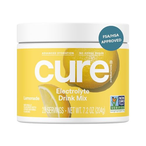 Cure Hydration | Plant-Based Electrolyte Drink Mix | No Added Sugar | FSA-HSA | Dehydration Relief Powder Made with Coconut Water | Non-GMO | Vegan | 28 Servings Jar - Lemonade | Amazon (US)