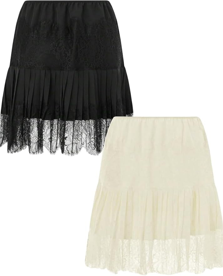 Women's Y2k Vintage Skirts Lace Slip Skirt Pleated Ruffle Floral Lace Tiered Short Mini Underskir... | Amazon (US)
