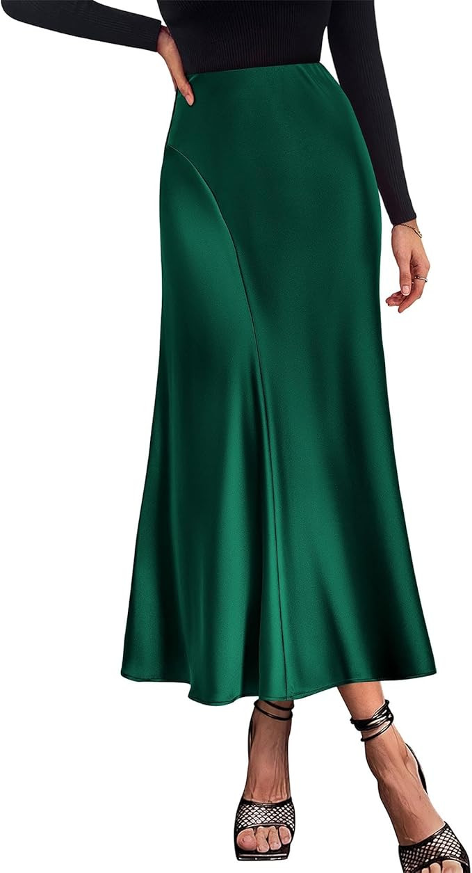 KIRUNDO Women's Satin Elastic High Waisted Maxi Skirt 2024 Trendy Summer Fall Winter Silk A-Line ... | Amazon (US)