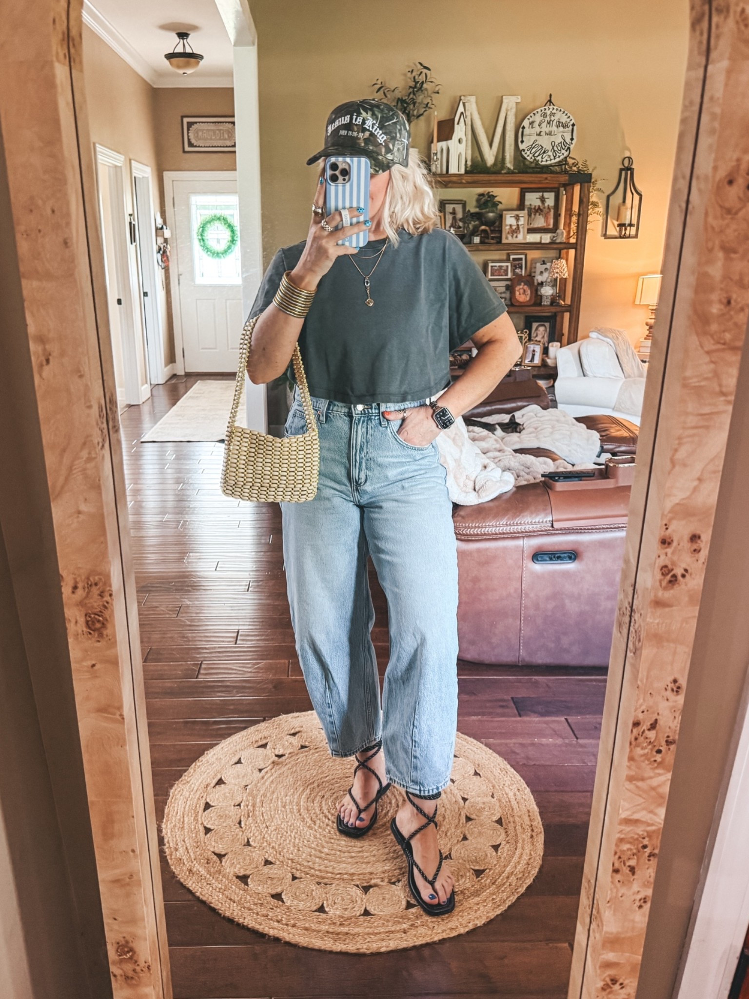 My Friday night fit! 🍣 
These barrel jeans are back in stock @Target and the fit is so good! 

I can’t link my necklace and earrings but they are twisted silver on Instagram and save with code MANDIE20