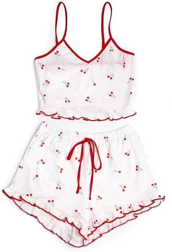 Avanova Women 2 Piece Pajama Set Ruffle Trim Cami Top and Shorts Sleepwear Set | Amazon (US)