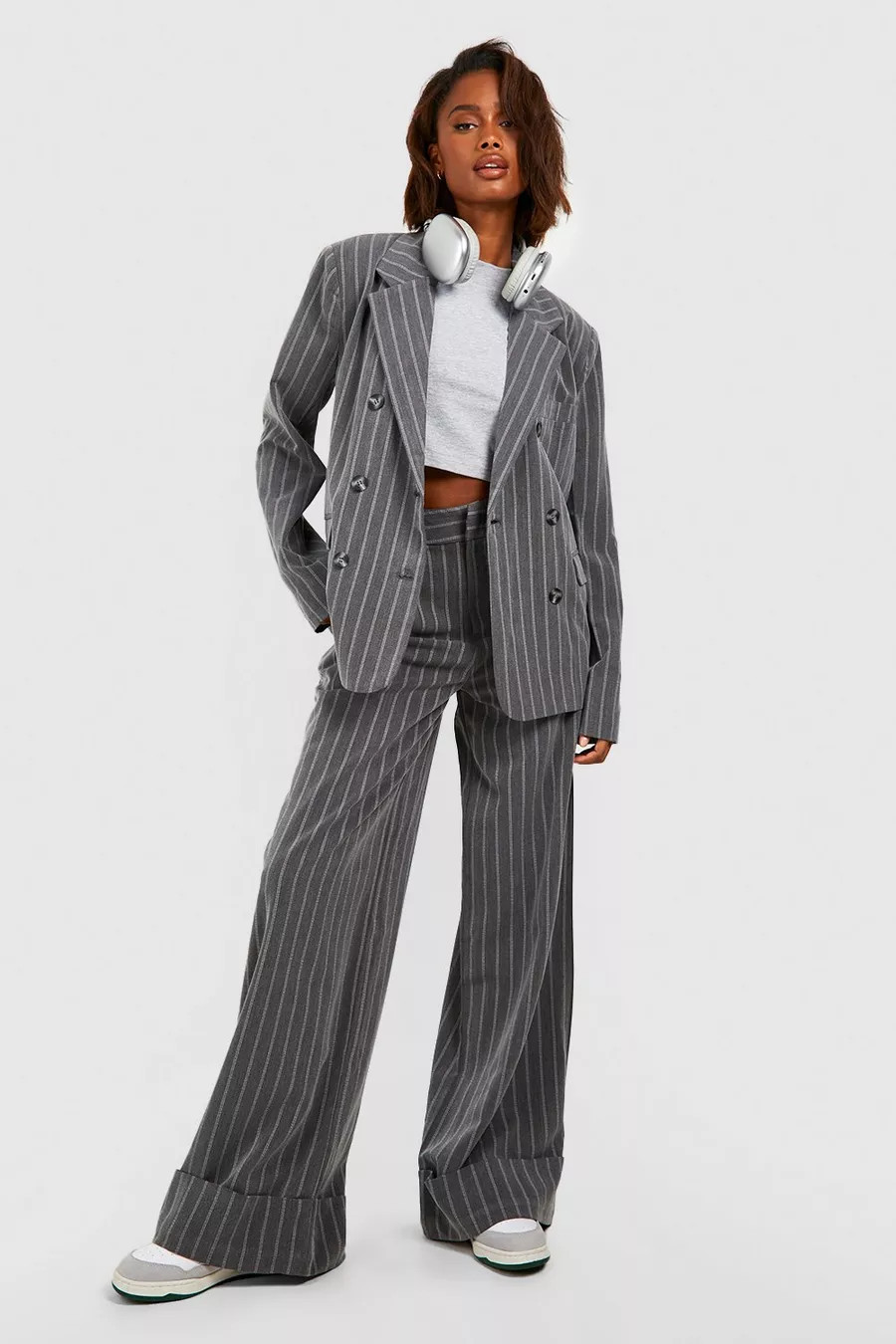 Premium Pinstripe Wide Leg Turn Cuff Dress Pants | boohoo (US & Canada)