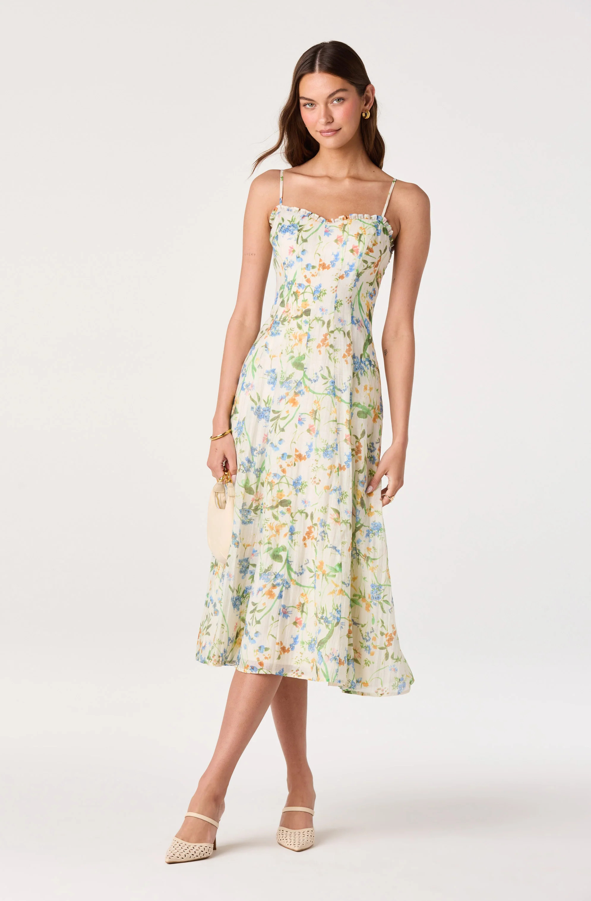 Jaylynn Ruffle Sweetheart Linen Midi Dress - Ivory blue floral / XS | ASTR The Label (US)
