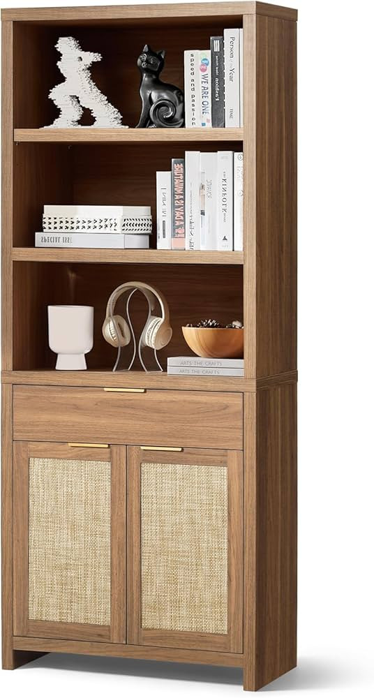 Hampstead Bookcase, Rattan Bookcase with Doors Cabinet and Drawer, 5-Tier Bookshelf, Large Wooden... | Amazon (US)