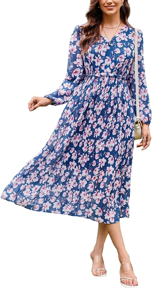 Womens 2023 Boho Floral Maxi Dress V Neck Long Sleeve Casual Ruffle Smocked A-line Pleated Flowy ... | Amazon (US)