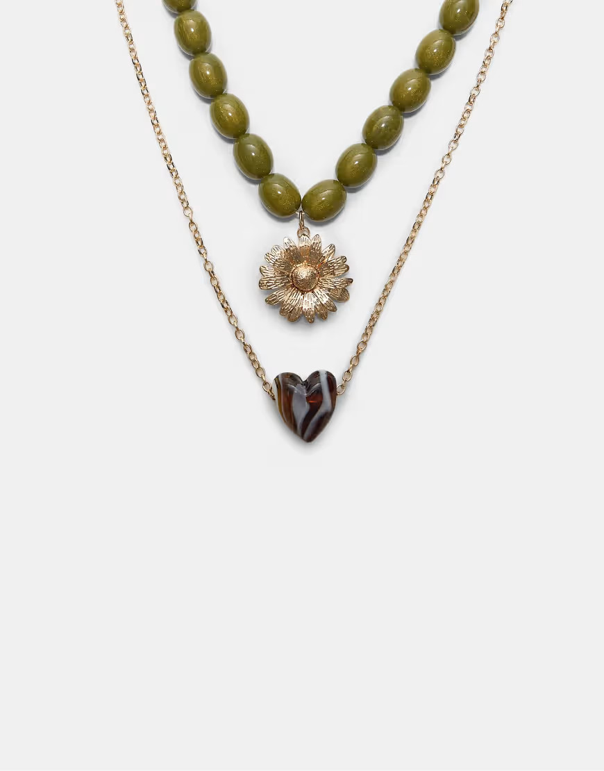 Stradivarius Set of 2 bead, sun and heart necklaces in green | ASOS (Global)
