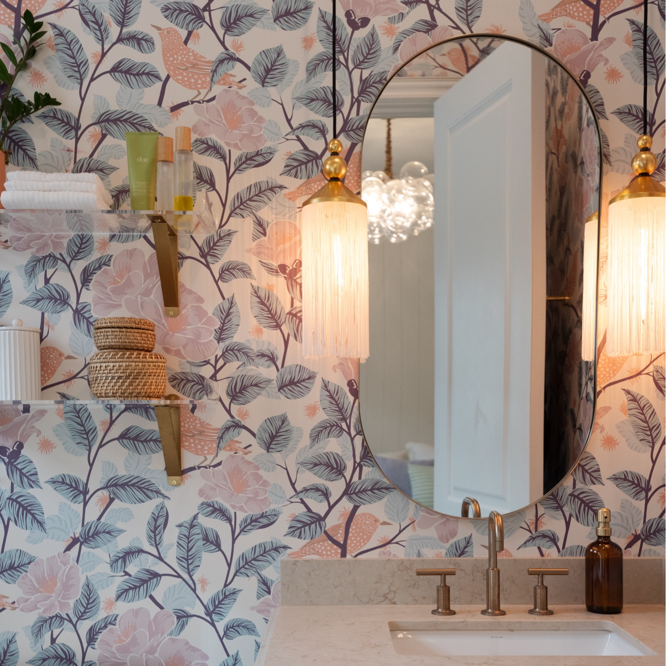 Shop one of our favorite bathrooms in our Cloud House Project! We can’t get enough of this adorable wallpaper and playful vibe this bathroom brings.