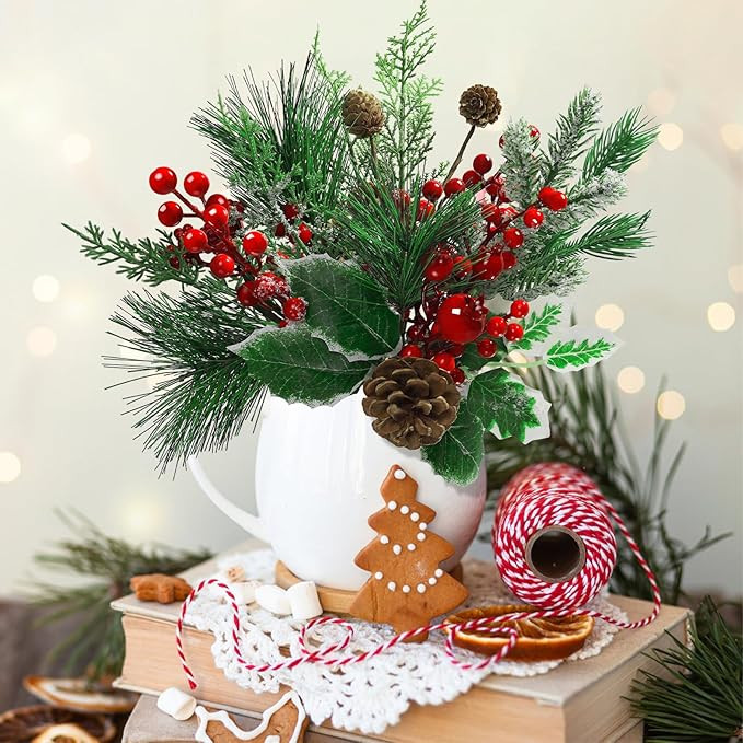 22 Pcs Large Artificial Christmas Tree Picks, Assorted 20 Kinds Red Berry Picks Stem Faux Pine Br... | Amazon (US)