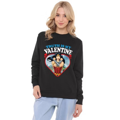 Women's Wonder Woman Truth Is My Valentine Crew Sweatshirt, Black, Large | Target