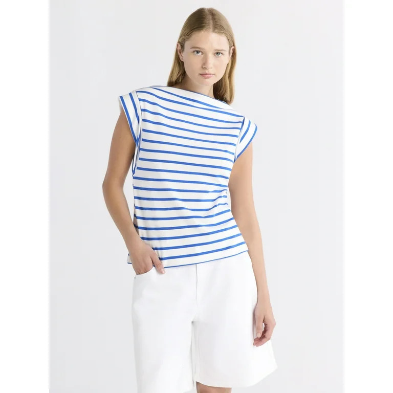 Free Assembly Women's and Women's Plus Cotton Boatneck Tee with Wide Cap Sleeves, Sizes XS-4X | Walmart (US)