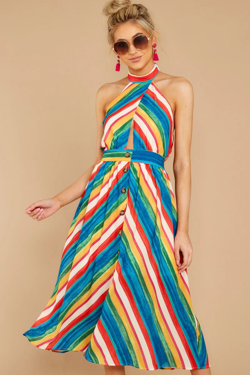 Newest Addition Rainbow Stripe Halter Midi Dress | Red Dress 