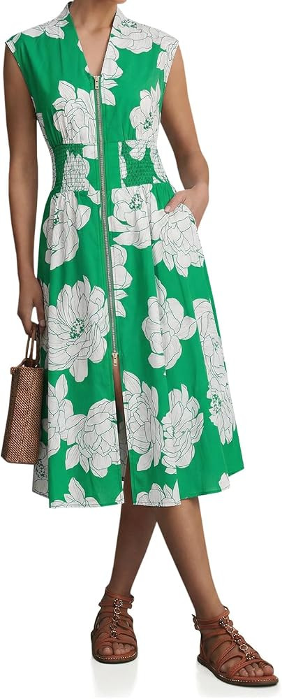 Wenrine Womens Summer Smocked Midi Dress Casual Zipper V Neck Cap Sleeve High Slit Flowy Long Dre... | Amazon (US)