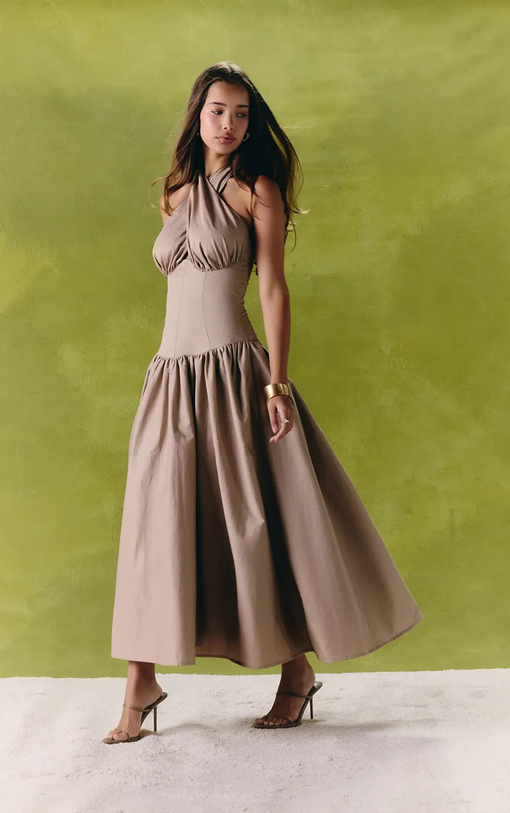 Taupe Plunge Halterneck Skater Midaxi Dress | PrettyLittleThing US