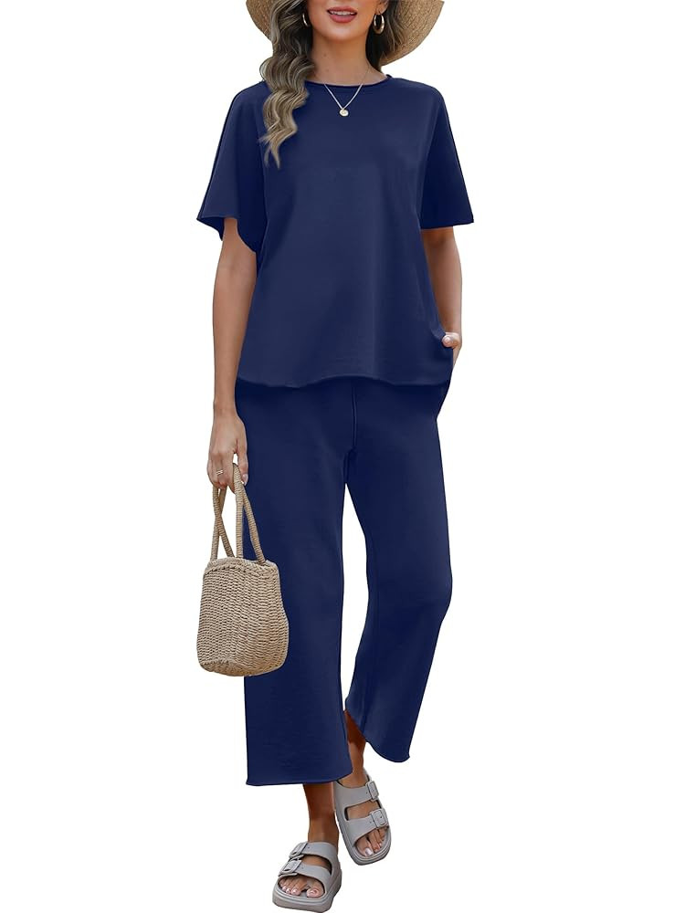 ANRABESS Women's 2 Piece Outfits 3/4 Batwing Sleeve Top Wide Leg Crop Pants Sets 2025 Summer Beac... | Amazon (US)