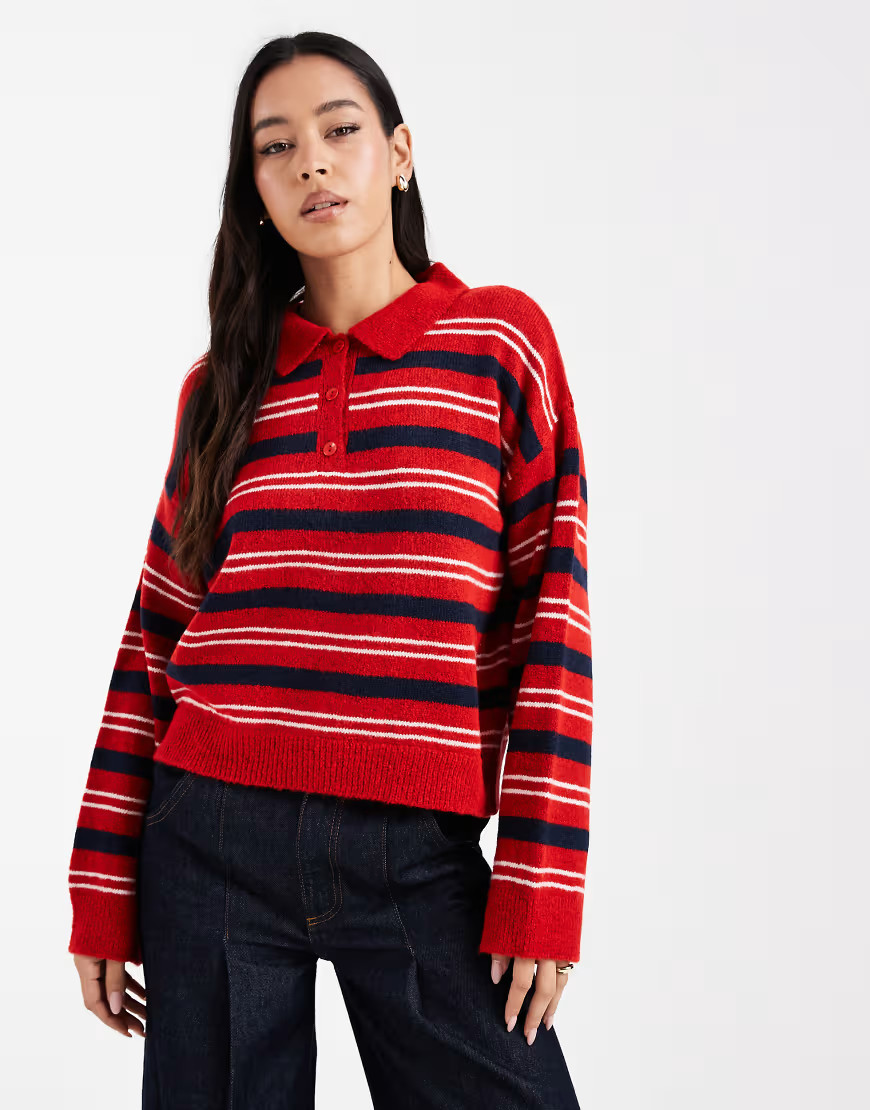 ASOS DESIGN knit fluffy rugby top in red stripes-Multi | ASOS (Global)
