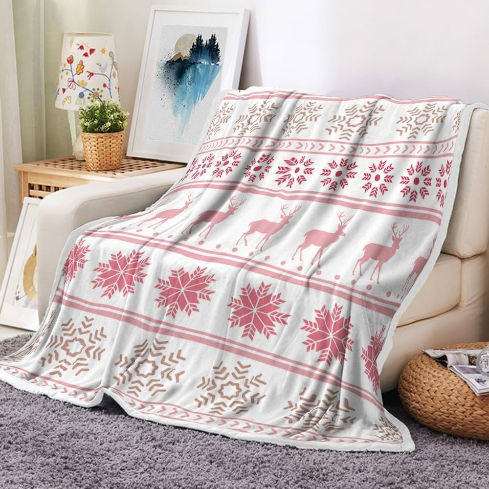 Christmas Throw Blanket, Merry Xmas Deer Elks Holiday Fleece Cozy Warm Bed Couch Blanket, Pink Sn... | Amazon (US)