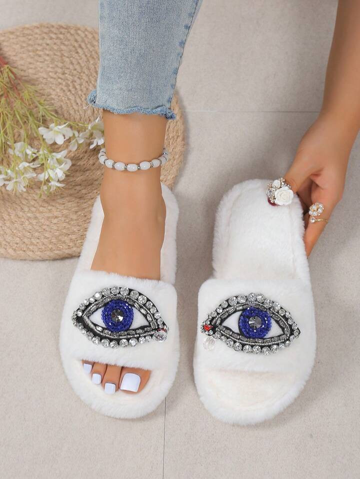 Women Rhinestone Decor Fuzzy Home Slippers, Fashion Beige Bedroom Slippers | SHEIN