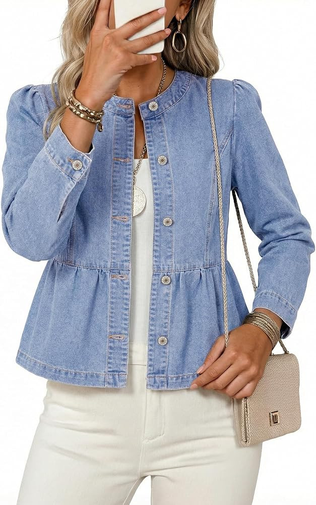 Dokotoo Cropped Jean Jacket Women Button Down Long Sleeve Collarless Cinched Waist Denim Jackets | Amazon (US)