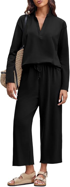Imily Bela Womens 2 Piece Outfits Sweatsuit Long Sleeve Lapel V Neck Shirt and Wide Leg Pants 202... | Amazon (US)
