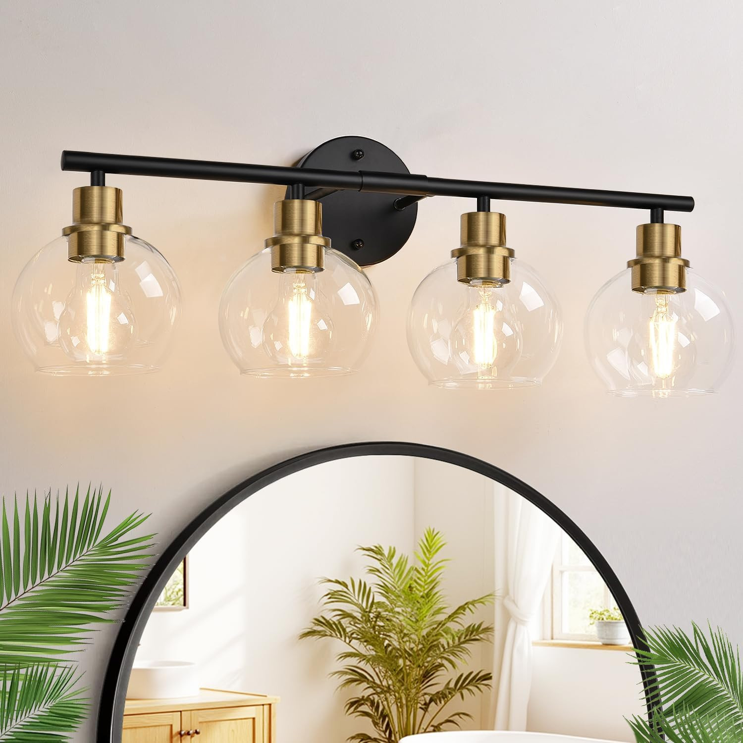 Indoi 4-Light Bathroom Light Fixtures, Black and Gold Bathroom Lights Over Mirror with Clear Glas... | Amazon (US)