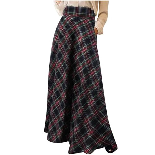 Womens Vintage Plaid Maxi Skirt High Waisted Trendy Fall Casual A-Line Pleated Tartan Full Length Long Skirts Ladies Black | Amazon (US)