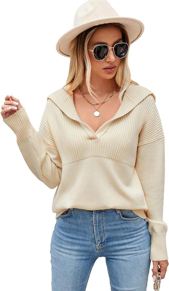 Womens 2023 Long Sleeve V Neck Pullover Sweaters Foldover Collared Casual Knit Soft Jumper Tops | Amazon (US)