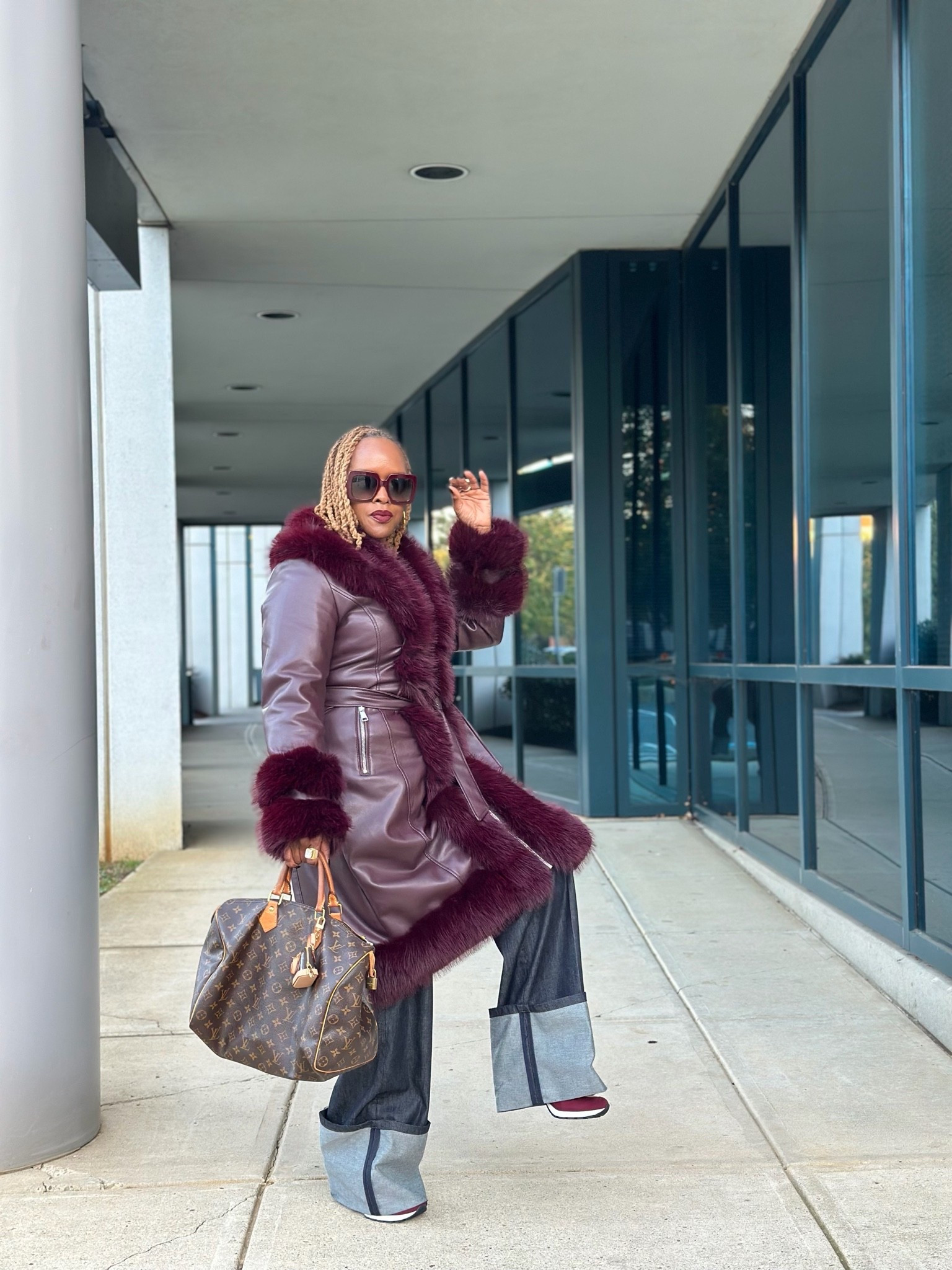 Fall denim cuffed jeans and burgundy faux fur leather coat

#LTKootd #LTKMidsize #LTKOver40