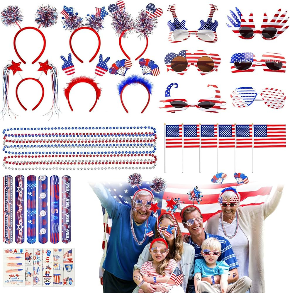 Minetom 4th of July Accessories 82Pcs Party Supplies Glasses Headbands Necklaces Bracelets USA Fl... | Amazon (US)
