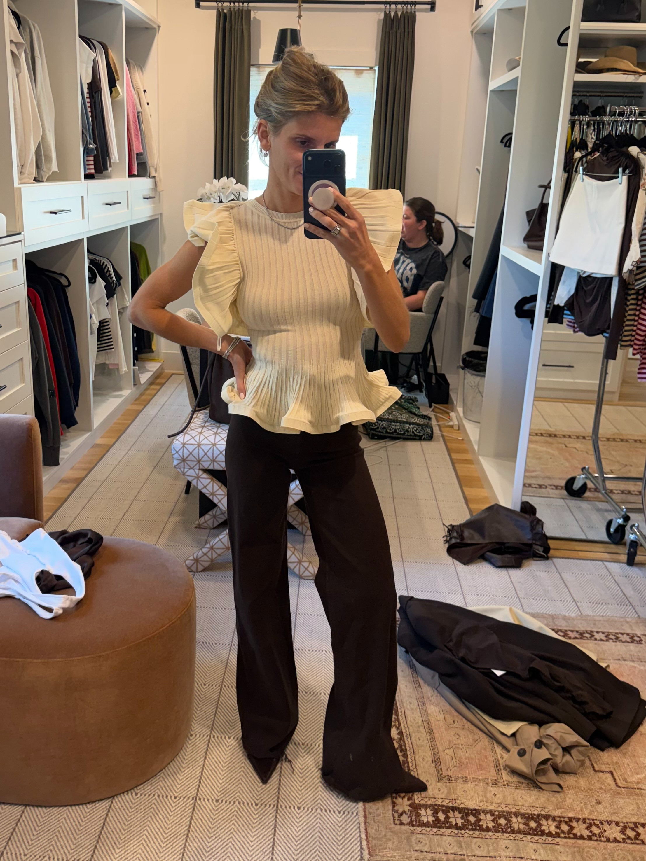 Zara flutter sleeve peplum top (wearing XS) and pistola brown high waisted denim  

 