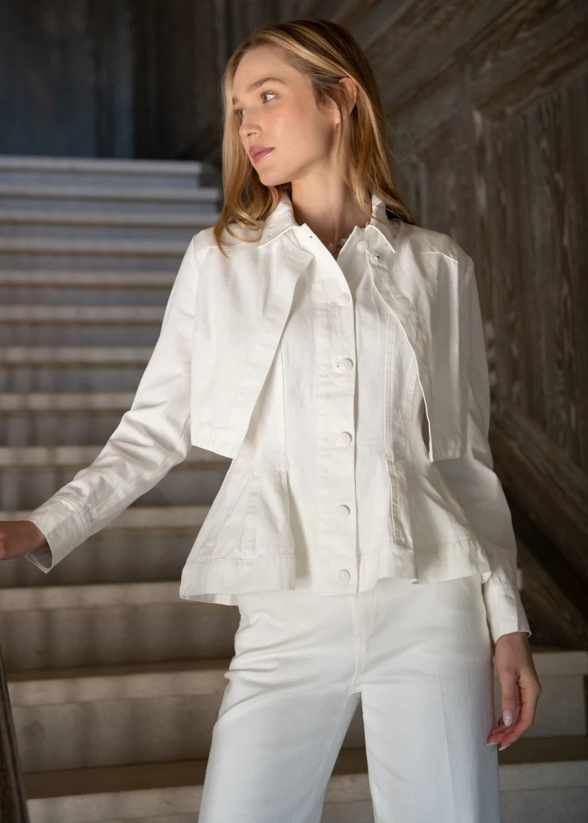 Jonah Layered Denim Peplum Vest and Crop Jacket Set - White | Benaar La