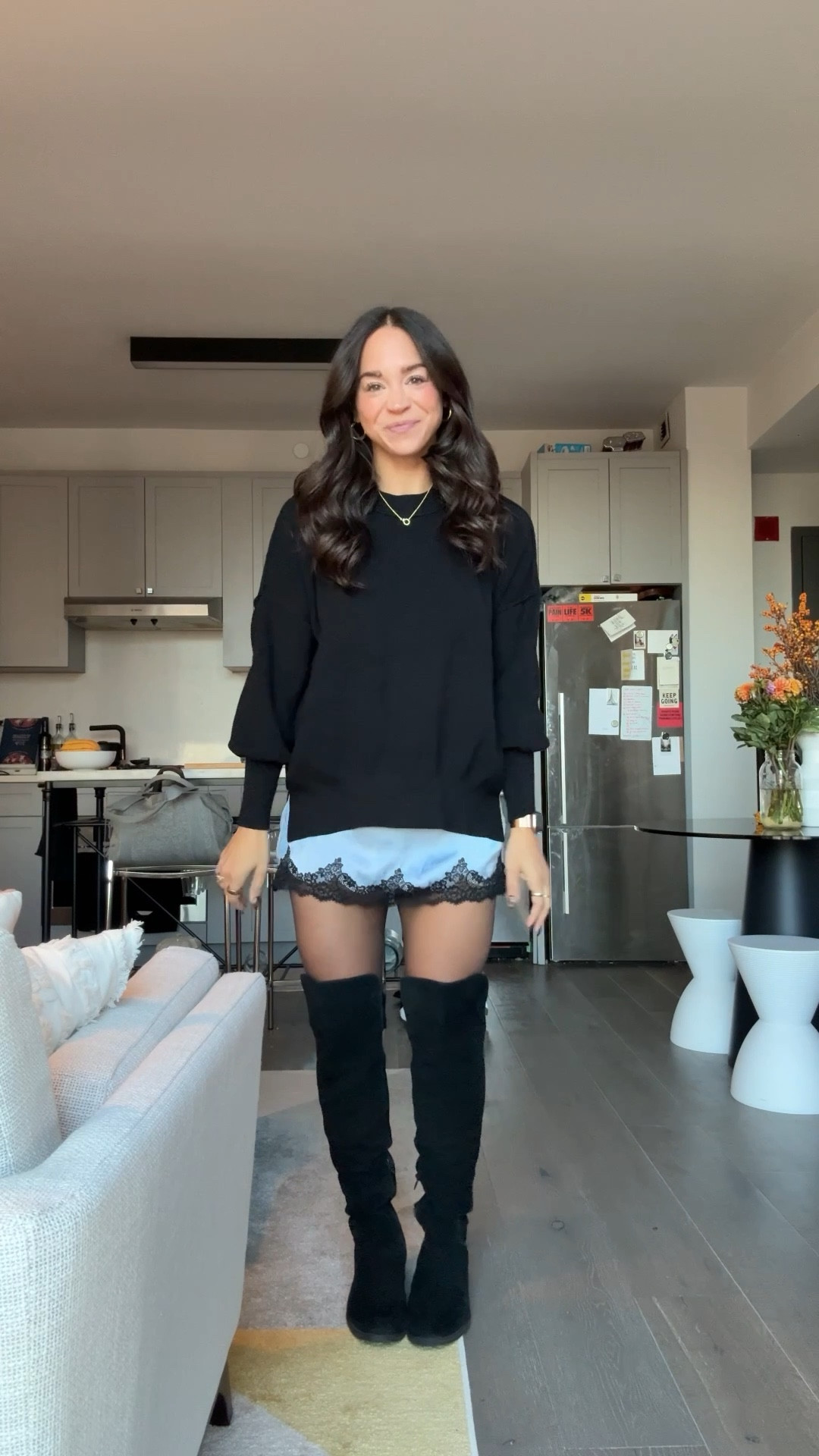 Sweater is the same! Skirt color seems to be out of stock and these boots are old Aldo! 