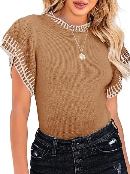 Saodimallsu Womens Short Sleeve Sweaters Tops Summer Ruffle Striped Loose Crew Neck Lightweight S... | Amazon (US)