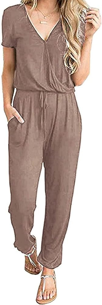 PRETTYGARDEN Women's Summer Casual Deep V Neck Short Sleeve Wrap Drawstring Waist Jumpsuit Romper | Amazon (US)