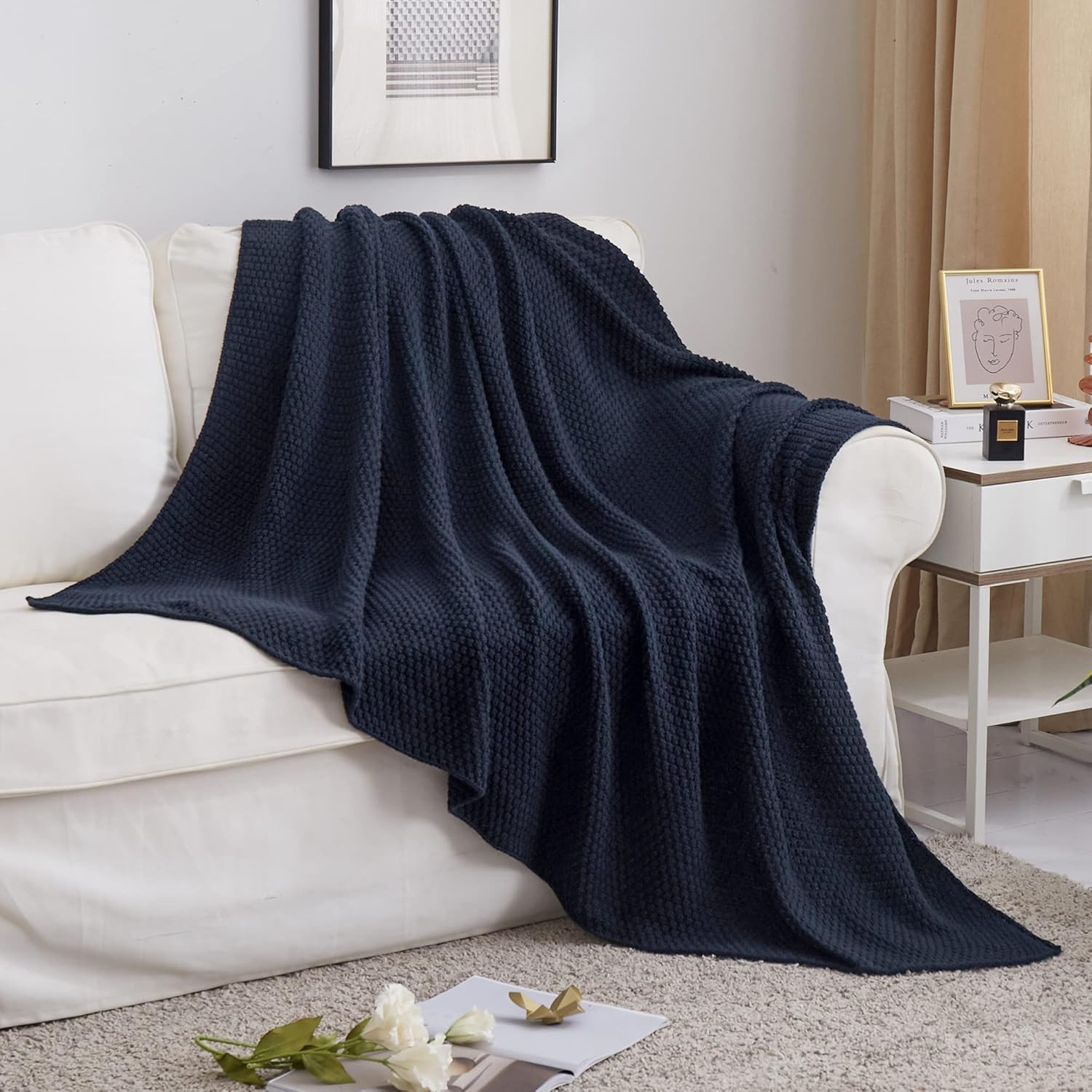Longhui bedding Dark Navy Blue Knitted Throw Blanket for Couch, Soft, Cozy Machine Washable 100% ... | Amazon (US)