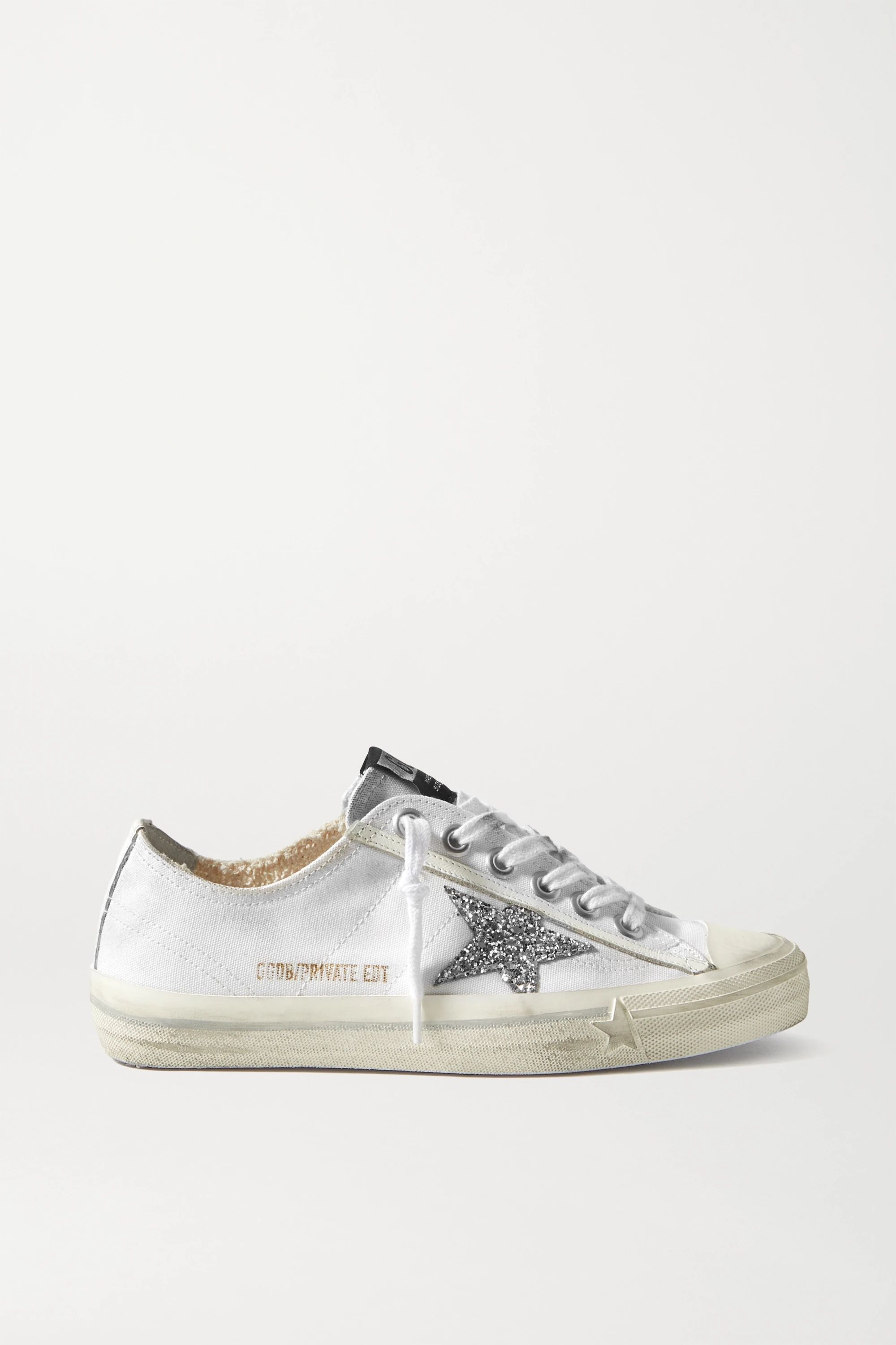 White V-Star glittered distressed canvas sneakers | Golden Goose | NET-A-PORTER | NET-A-PORTER (US)