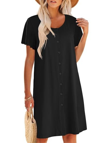 Ekouaer Women V Neck Button Down Nightgown Short Sleeve Night Shirts for Women Cotton Sleep Dress Black,S | Amazon (US)