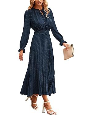 PRETTYGARDEN Women's 2024 Fall Midi Dress Casual Long Sleeve V Neck Swiss Dot Pleated A Line Flow... | Amazon (US)