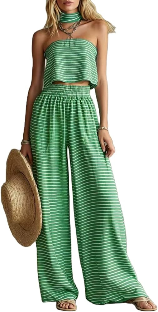 Women's Striped Two Piece Outfit Sleeveless Tube Top High Waist Wide Leg Pants Casual Matching Se... | Amazon (US)