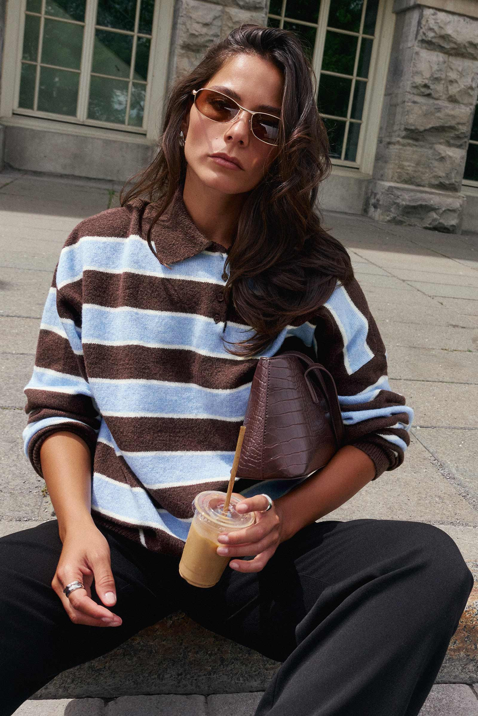 Striped Polo Sweater Brown | Ardene Canada | Ardene US