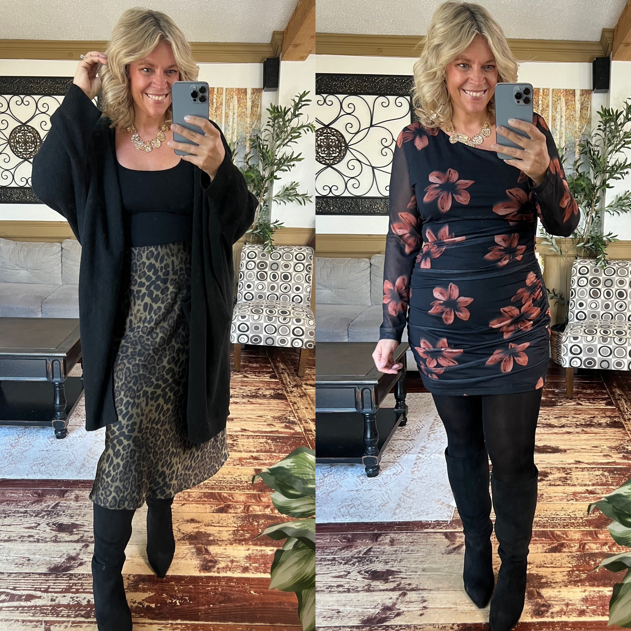 Animal print skirt, oversized cardigan, ruched above the knee dress all size xl
4-in-1 shapewear with tights also size xl
Boots true to size. 

#LTKFindsUnder100 #LTKStyleTip #LTKMidsize