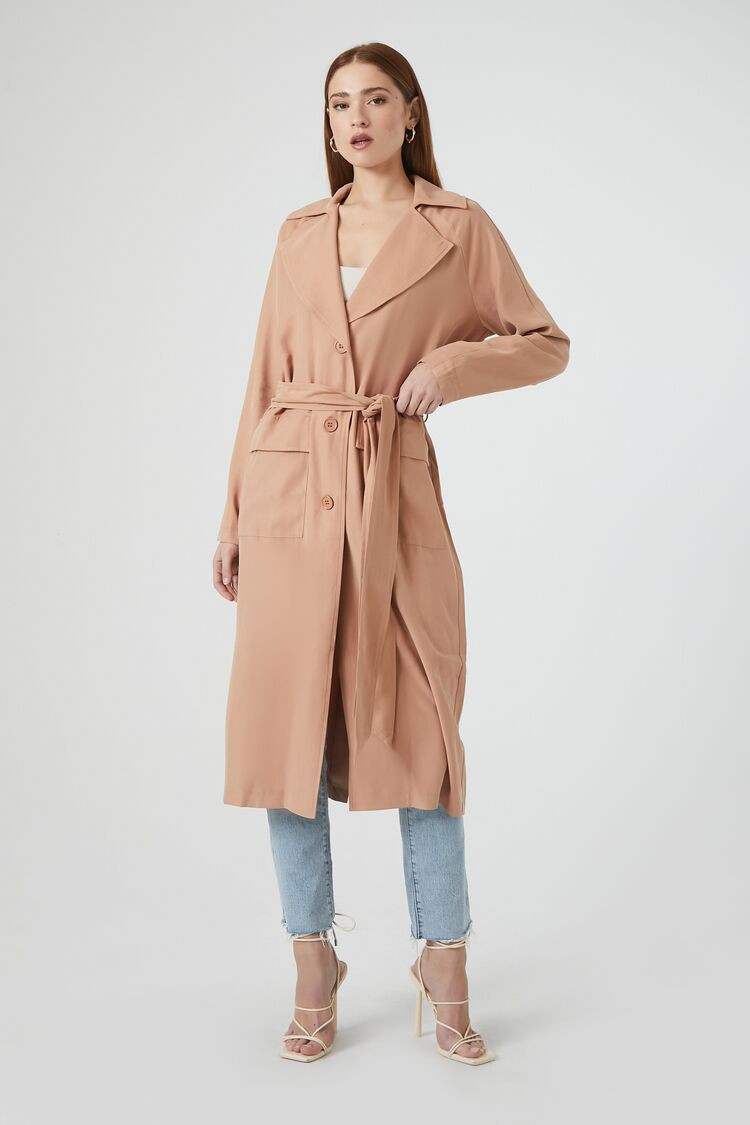 Women's Tie-Front Trench Coat in Camel Medium | Forever 21
