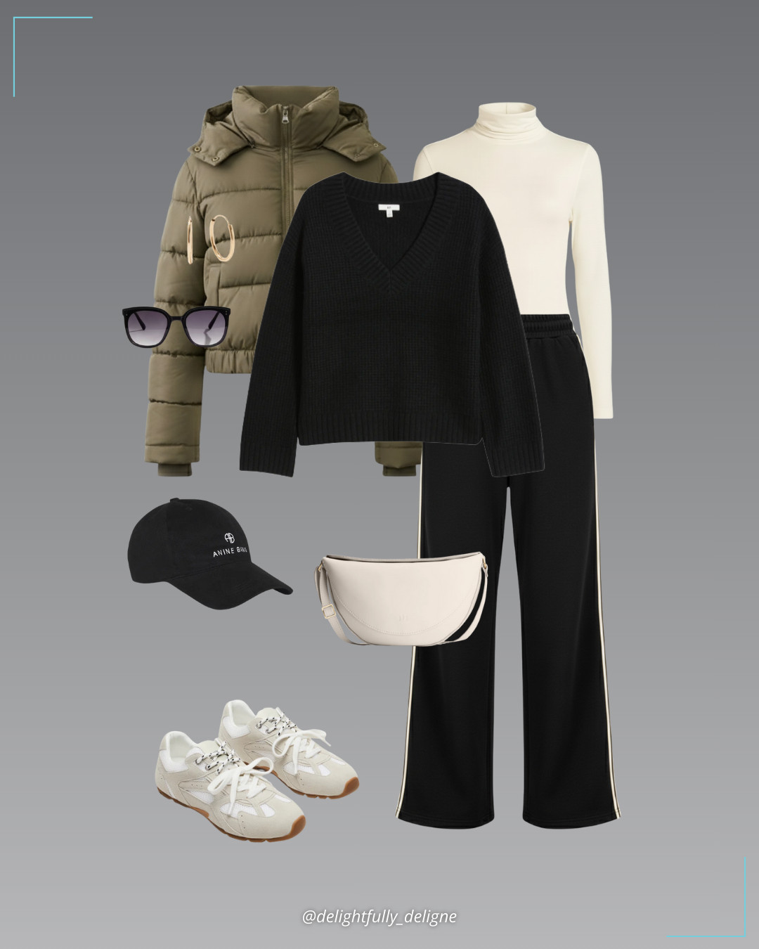 Cozy Winter  🖤🤍  Short hooded puffer jacket, side-stripe wide-leg sweatpants, thermaskin turtleneck long underwear top, v-neck thermal sweater, baseball cap, sling bag, white suede, gold everyday hoops & flat wayfarer sunglasses. 

 #LTKootd #LTKSeasonal #LTKOver40